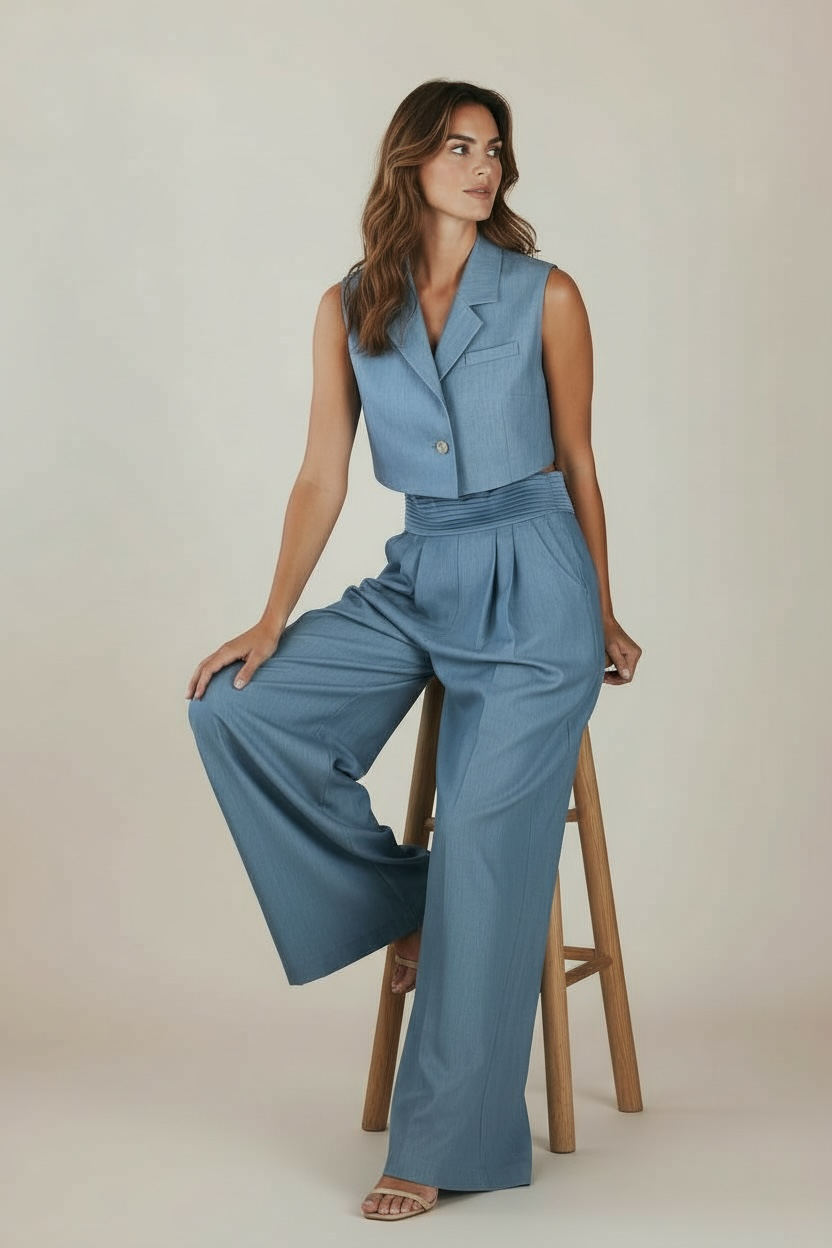 Blue Vest set Blue Wide-Leg Vest & Trouser Set