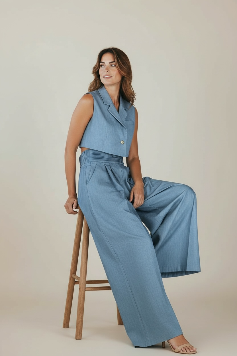 Blue Vest set Blue Wide-Leg Vest & Trouser Set
