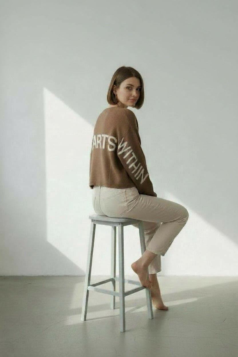 Camel Cropped Sweater Letter Sweater