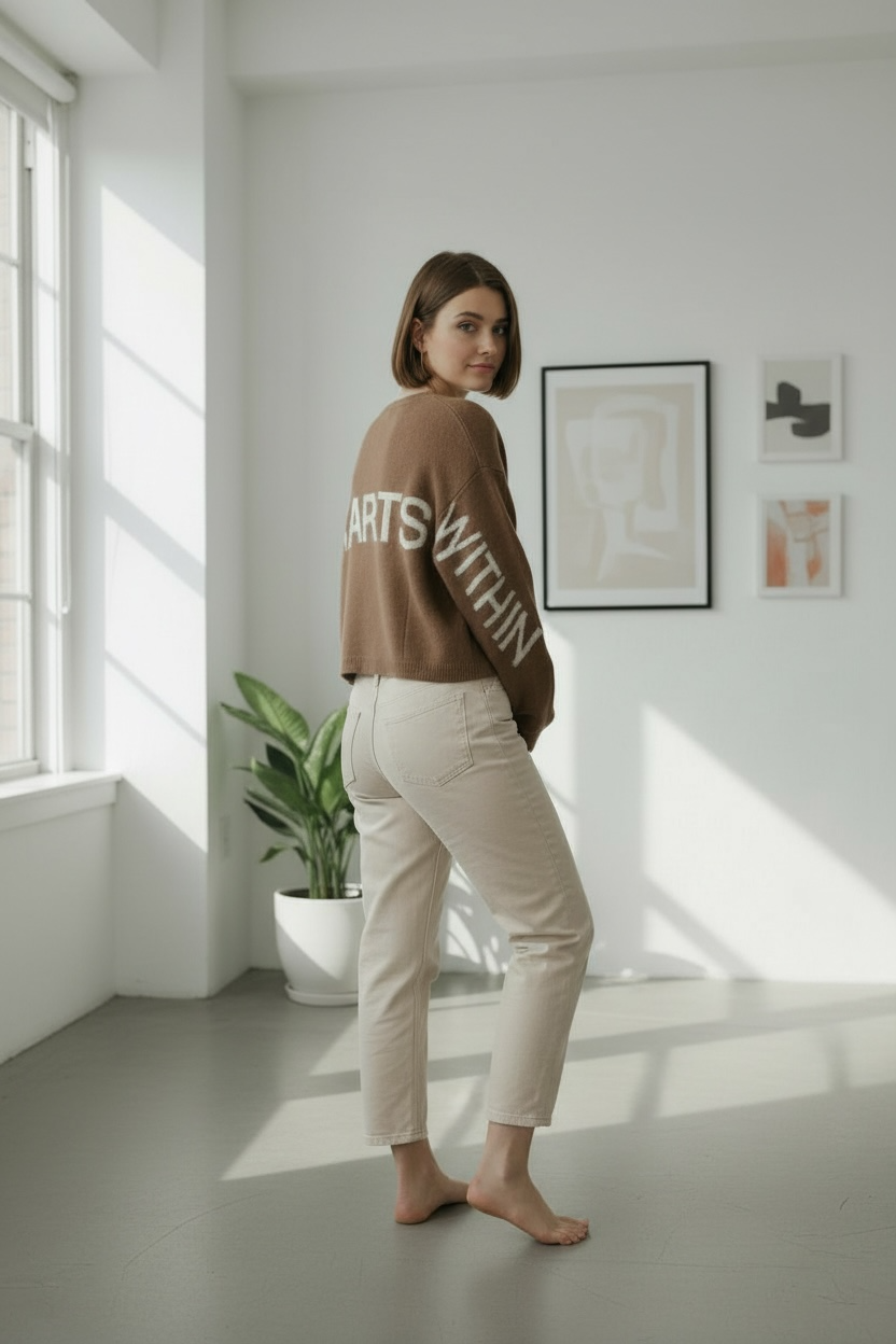 Camel Cropped Sweater Letter Sweater