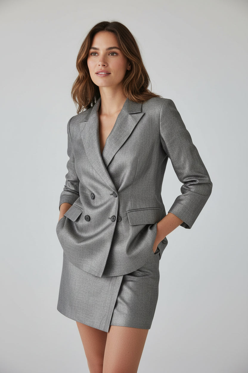Chic Metallic Gray Blazer and Skirt Set