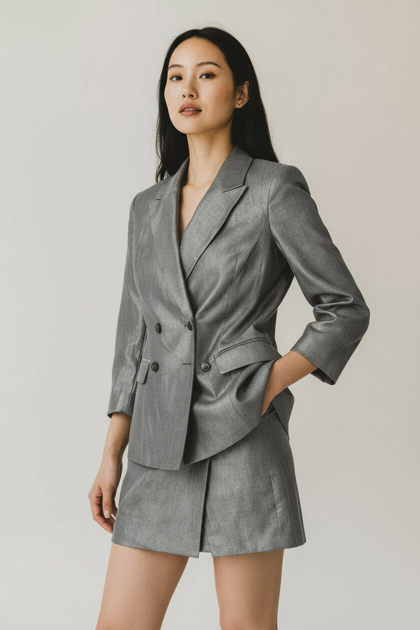 Chic Metallic Gray Blazer and Skirt Set